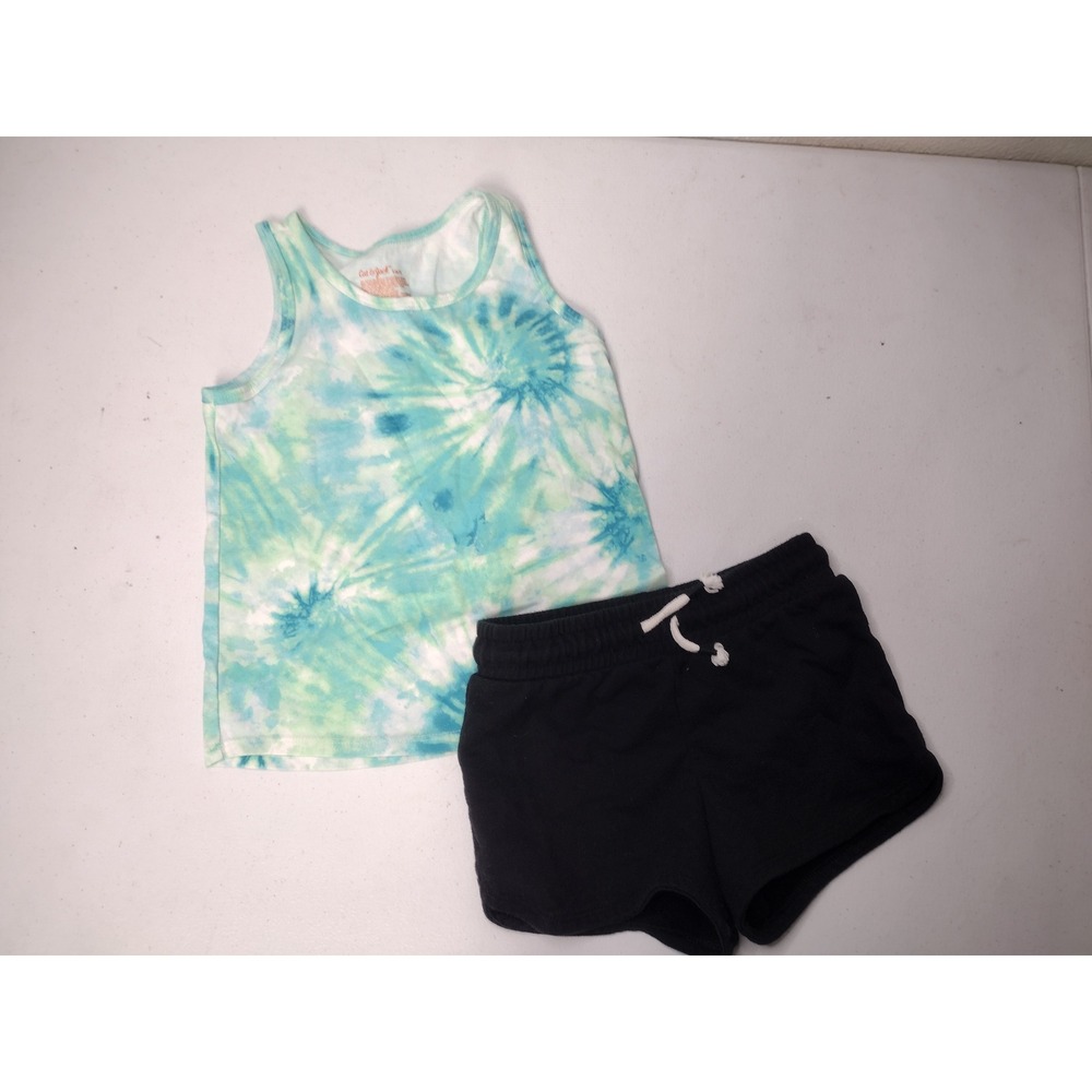 Cat & Jack Girls Tie Dye Tank Top and Black Shorts Set Size S 6/7 Teal White